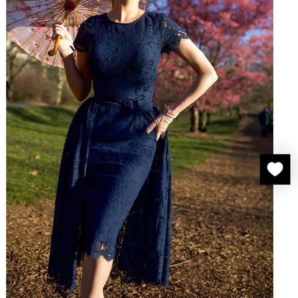 navy lace Aurora pencil dress with removable skirt wrap - Picture 4 of 8